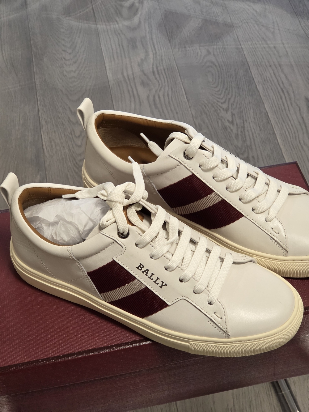 Bally White Leather Sneakers with Burgundy Stripe